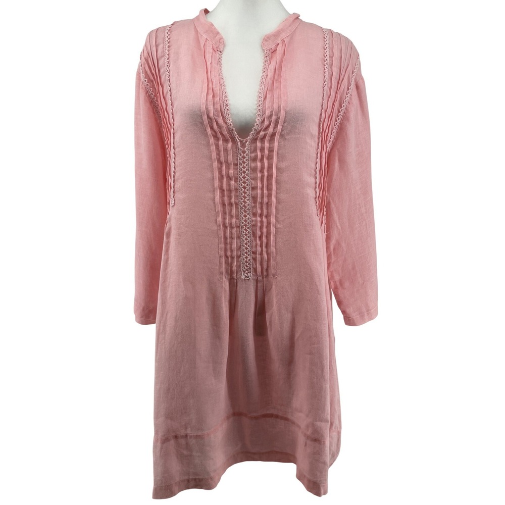 CP Shades 100% Linen‎ Popover Tunic Dress Womens Medium Pink Pintuck Lace Trim
